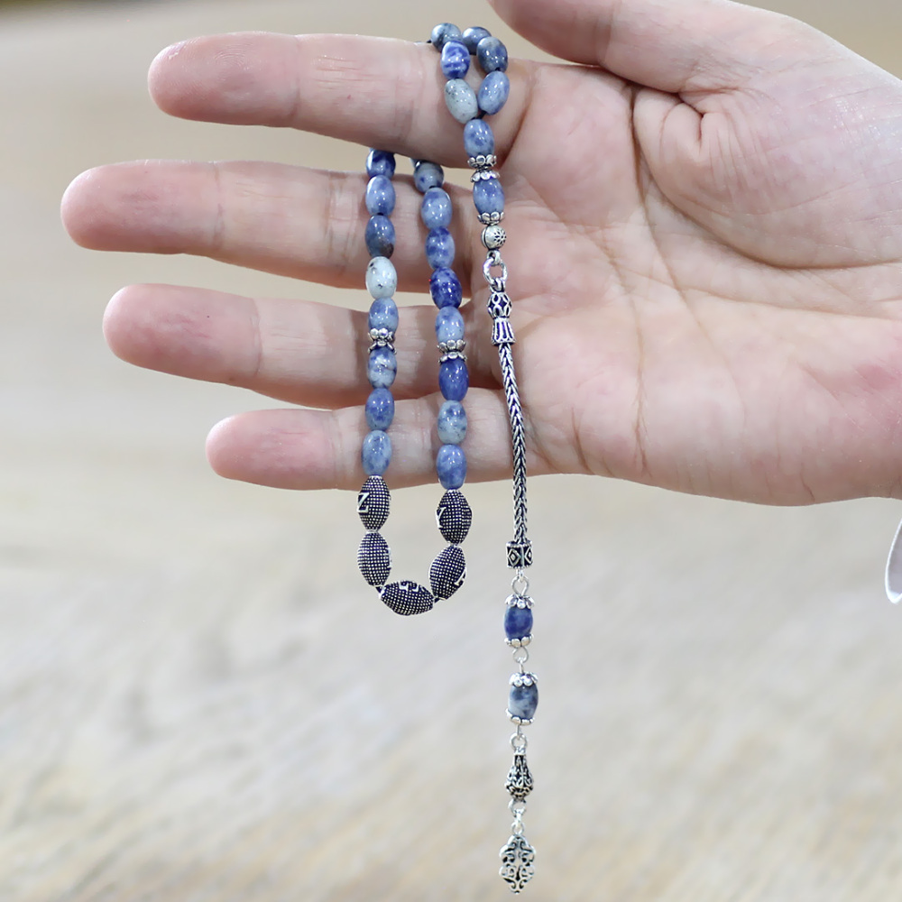Doğaltaş Sodalit Tesbih - 925 Ayar Gümüş Püsküllü - Kişiye Özel İsim Yazılı - Arpa Kesim - 2