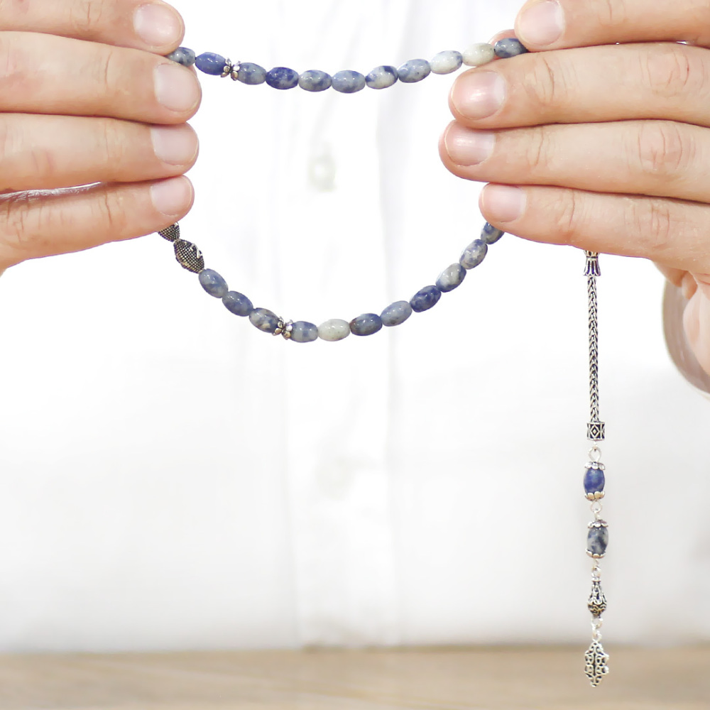 Doğaltaş Sodalit Tesbih - 925 Ayar Gümüş Püsküllü - Kişiye Özel İsim Yazılı - Arpa Kesim - 3