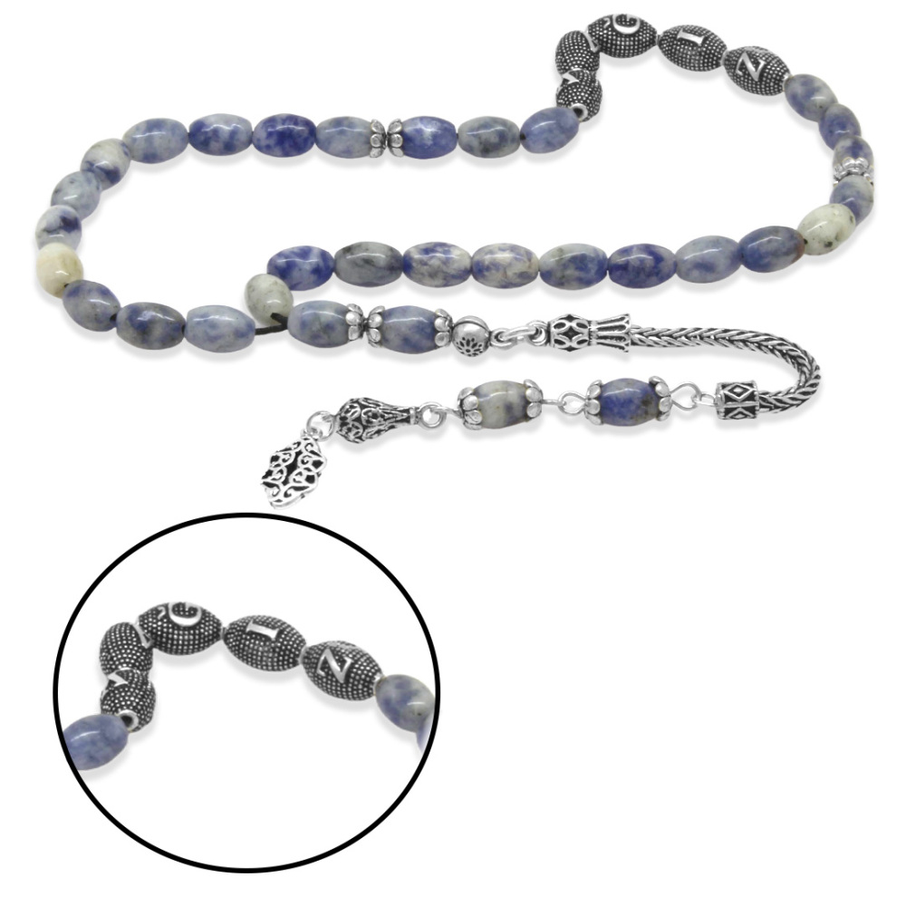 Doğaltaş Sodalit Tesbih - 925 Ayar Gümüş Püsküllü - Kişiye Özel İsim Yazılı - Arpa Kesim - 4