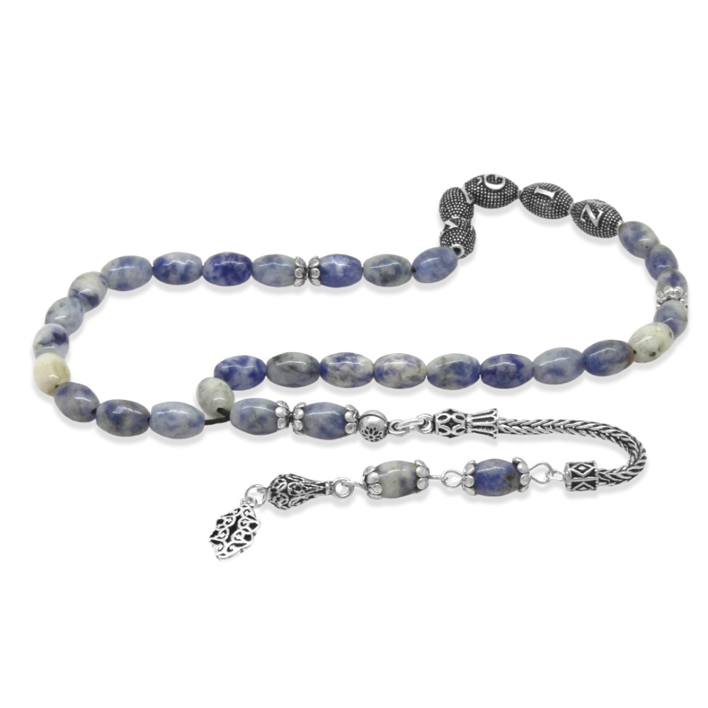 Doğaltaş Sodalit Tesbih - 925 Ayar Gümüş Püsküllü - Kişiye Özel İsim Yazılı - Arpa Kesim - 5