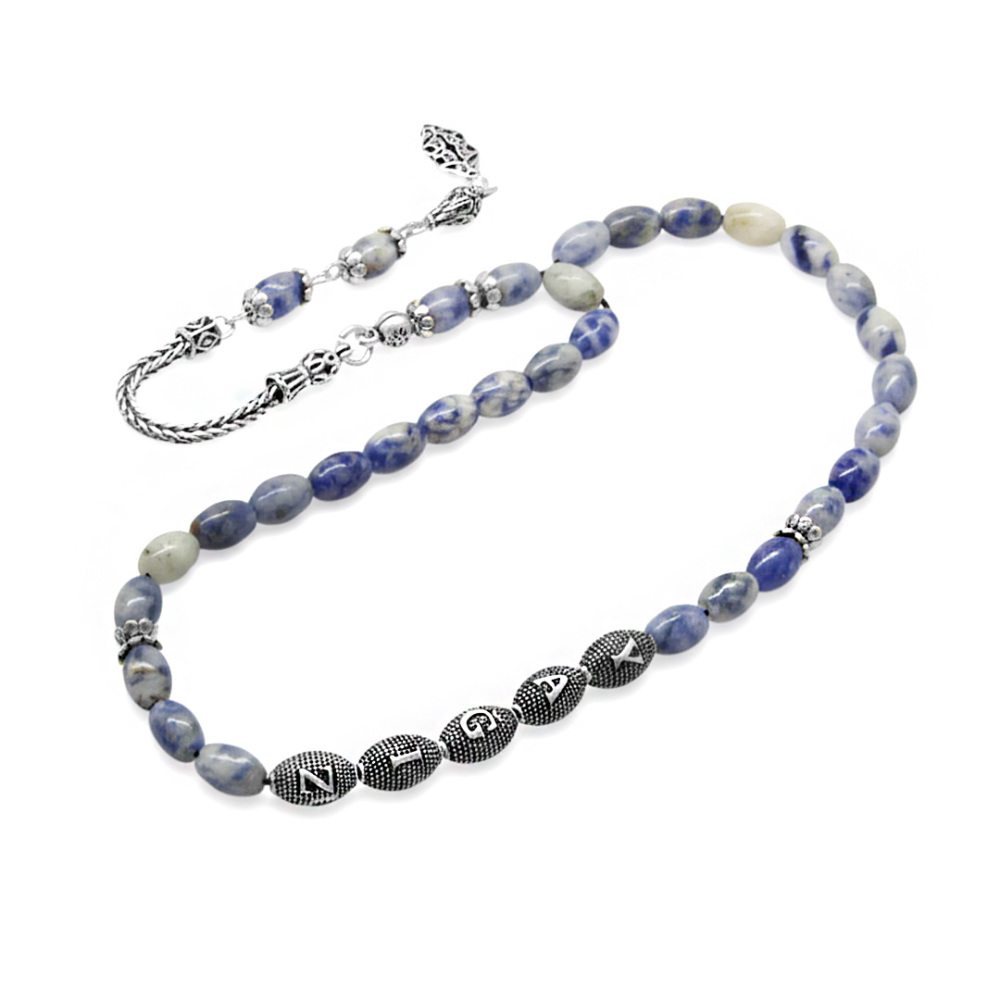 Doğaltaş Sodalit Tesbih - 925 Ayar Gümüş Püsküllü - Kişiye Özel İsim Yazılı - Arpa Kesim - 6