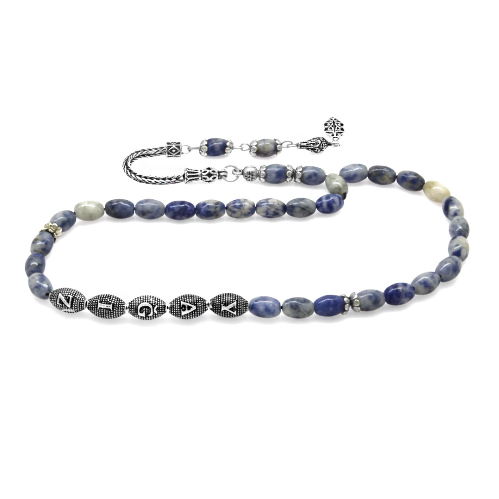 Doğaltaş Sodalit Tesbih - 925 Ayar Gümüş Püsküllü - Kişiye Özel İsim Yazılı - Arpa Kesim - 7