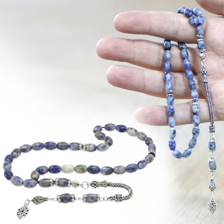 Doğaltaş Sodalit Tesbih - 925 Ayar Gümüş Püsküllü - Mavi Beyaz Renk - Arpa Kesim - Tesbihane