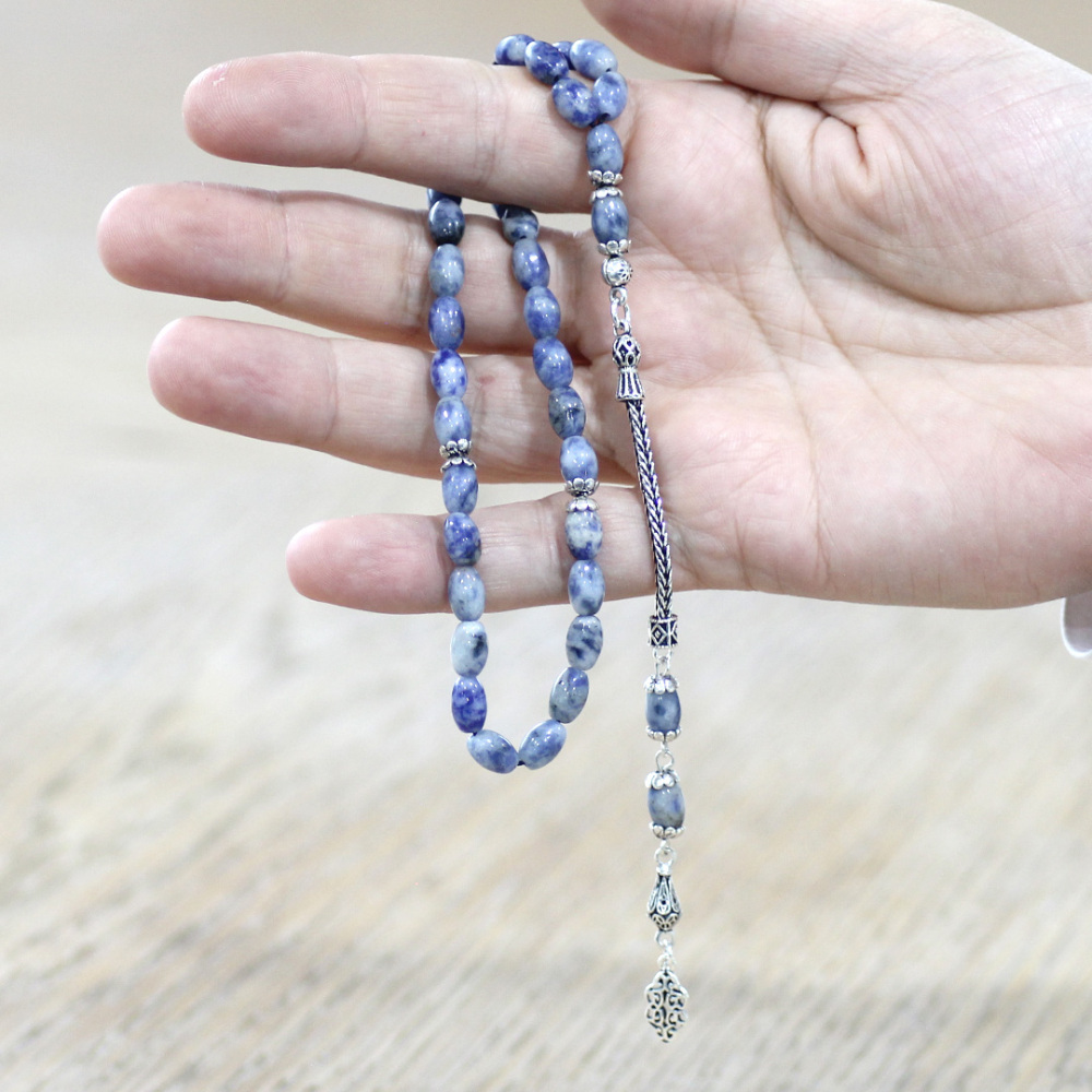 Doğaltaş Sodalit Tesbih - 925 Ayar Gümüş Püsküllü - Mavi Beyaz Renk - Arpa Kesim - 2