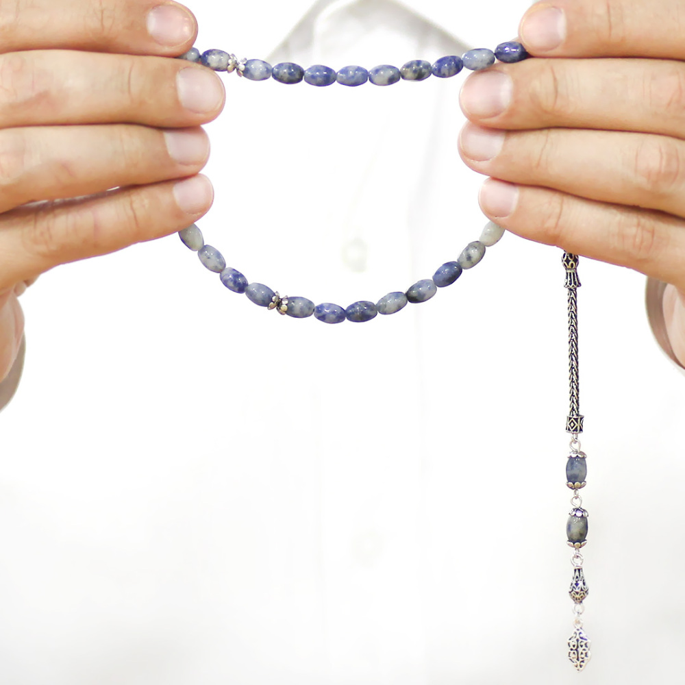 Doğaltaş Sodalit Tesbih - 925 Ayar Gümüş Püsküllü - Mavi Beyaz Renk - Arpa Kesim - 3