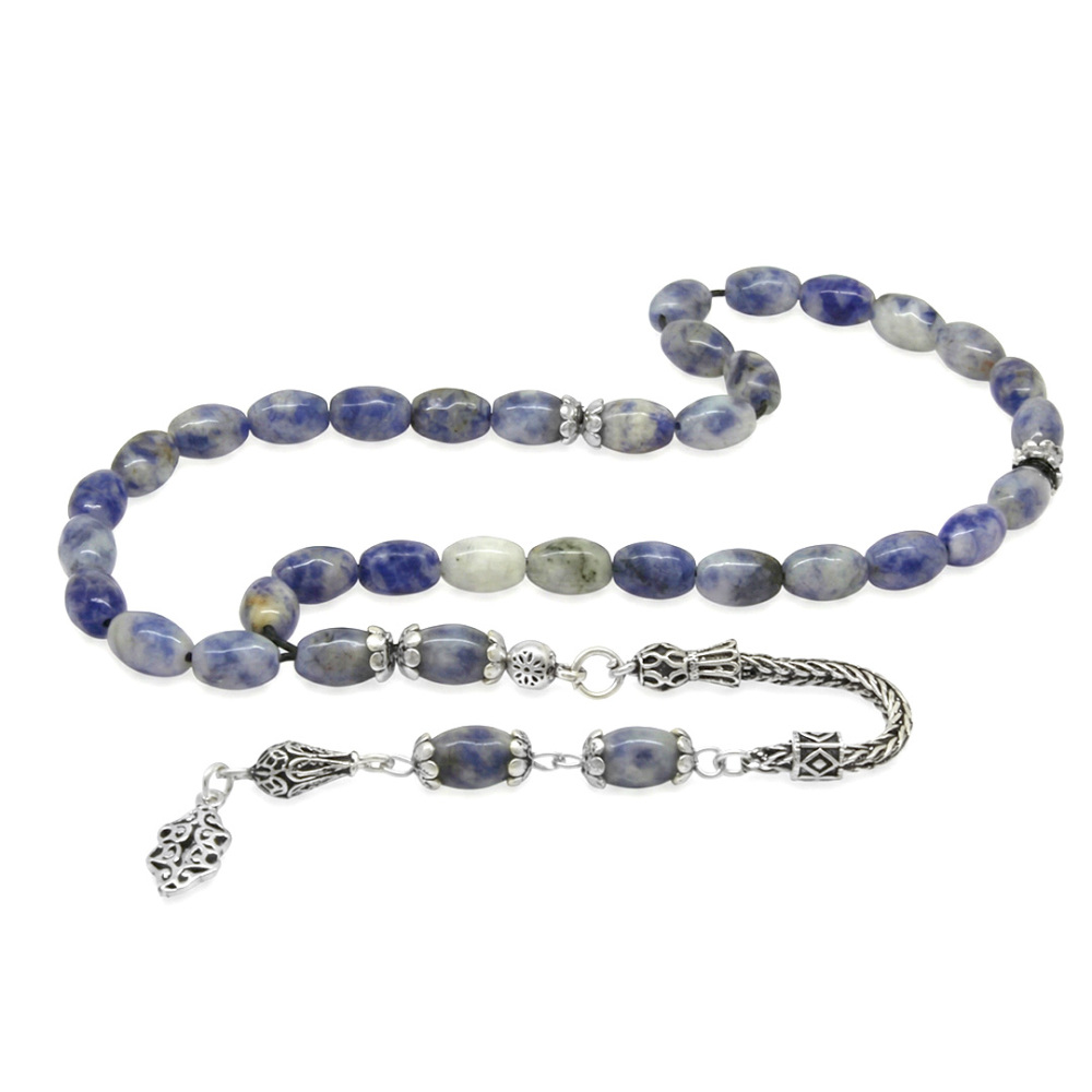 Doğaltaş Sodalit Tesbih - 925 Ayar Gümüş Püsküllü - Mavi Beyaz Renk - Arpa Kesim - 4
