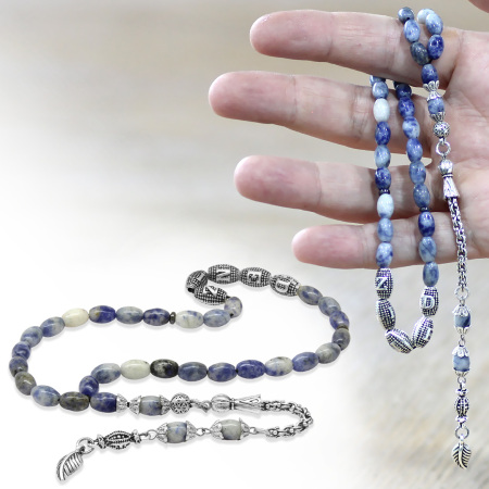 Doğaltaş Sodalit Tesbih - Kararmaz Metal Arnavut Püsküllü - Kişiye Özel İsim Yazılı - Arpa Kesim - Tesbihane