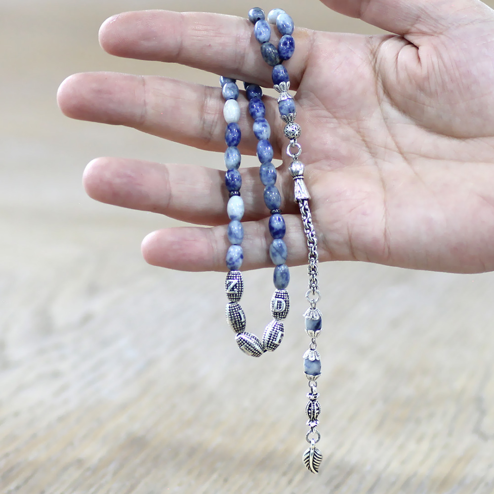 Doğaltaş Sodalit Tesbih - Kararmaz Metal Arnavut Püsküllü - Kişiye Özel İsim Yazılı - Arpa Kesim - 2