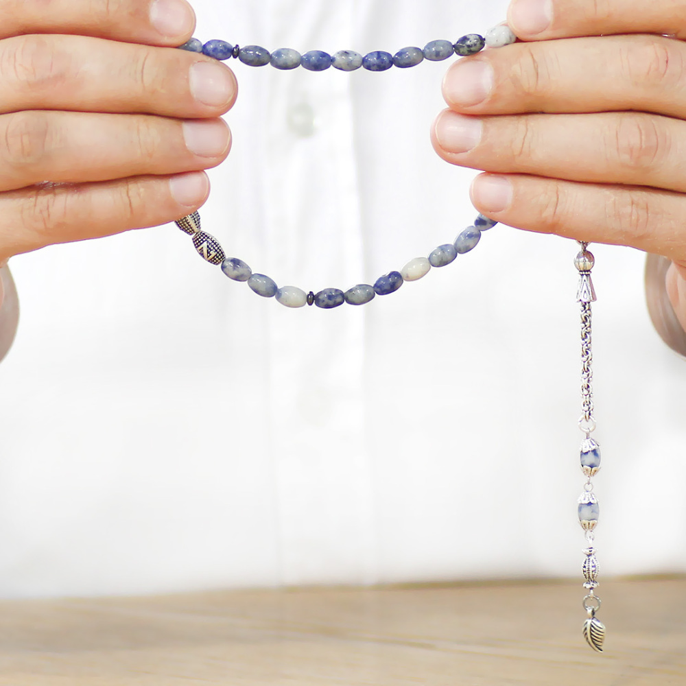 Doğaltaş Sodalit Tesbih - Kararmaz Metal Arnavut Püsküllü - Kişiye Özel İsim Yazılı - Arpa Kesim - 3