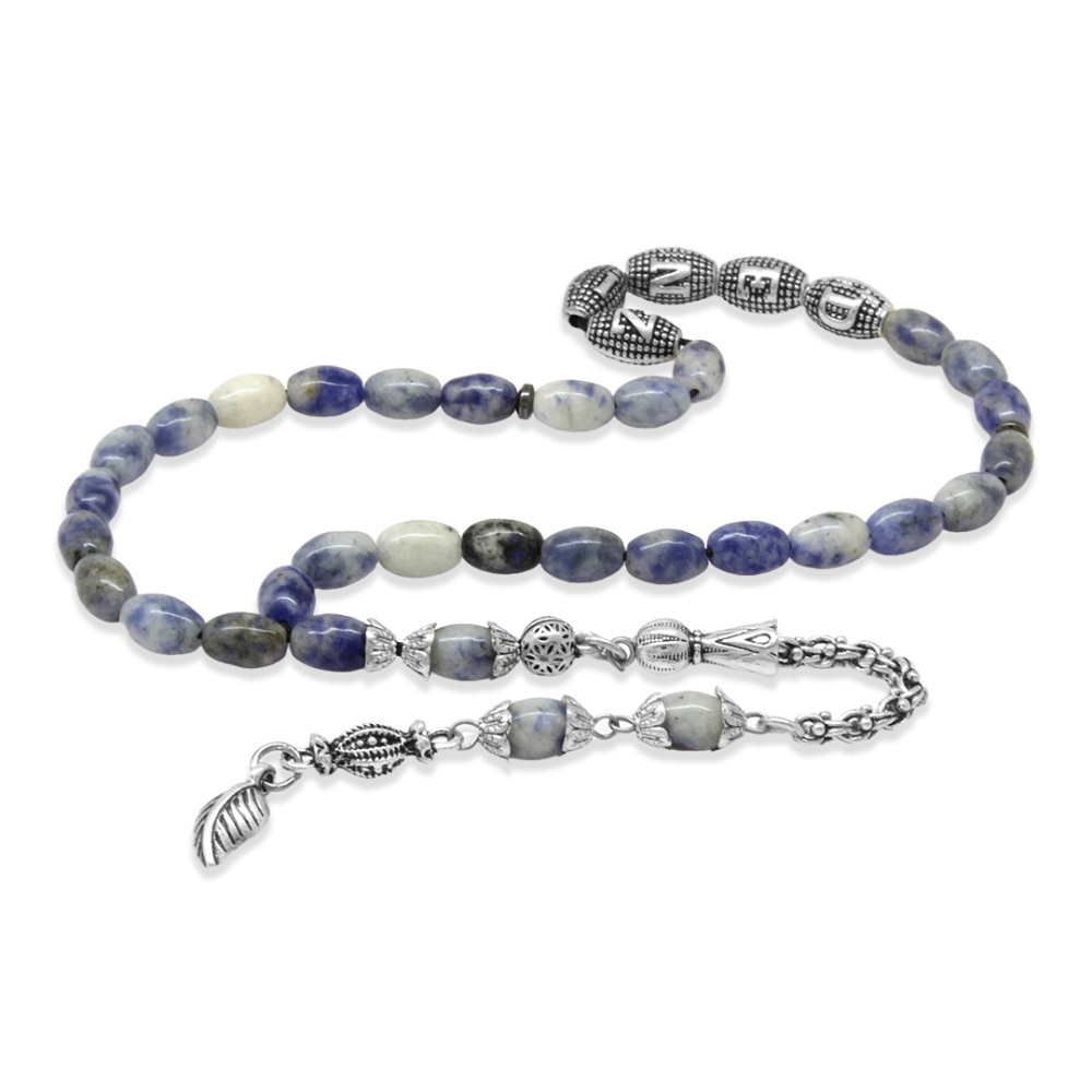 Doğaltaş Sodalit Tesbih - Kararmaz Metal Arnavut Püsküllü - Kişiye Özel İsim Yazılı - Arpa Kesim - 5