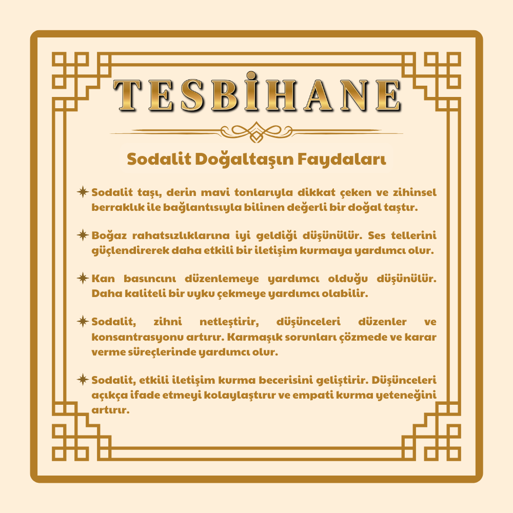 Doğaltaş Sodalit Tesbih - Kararmaz Metal Arnavut Zincir Püsküllü - Mavi Beyaz Renk - Arpa Kesim - 5