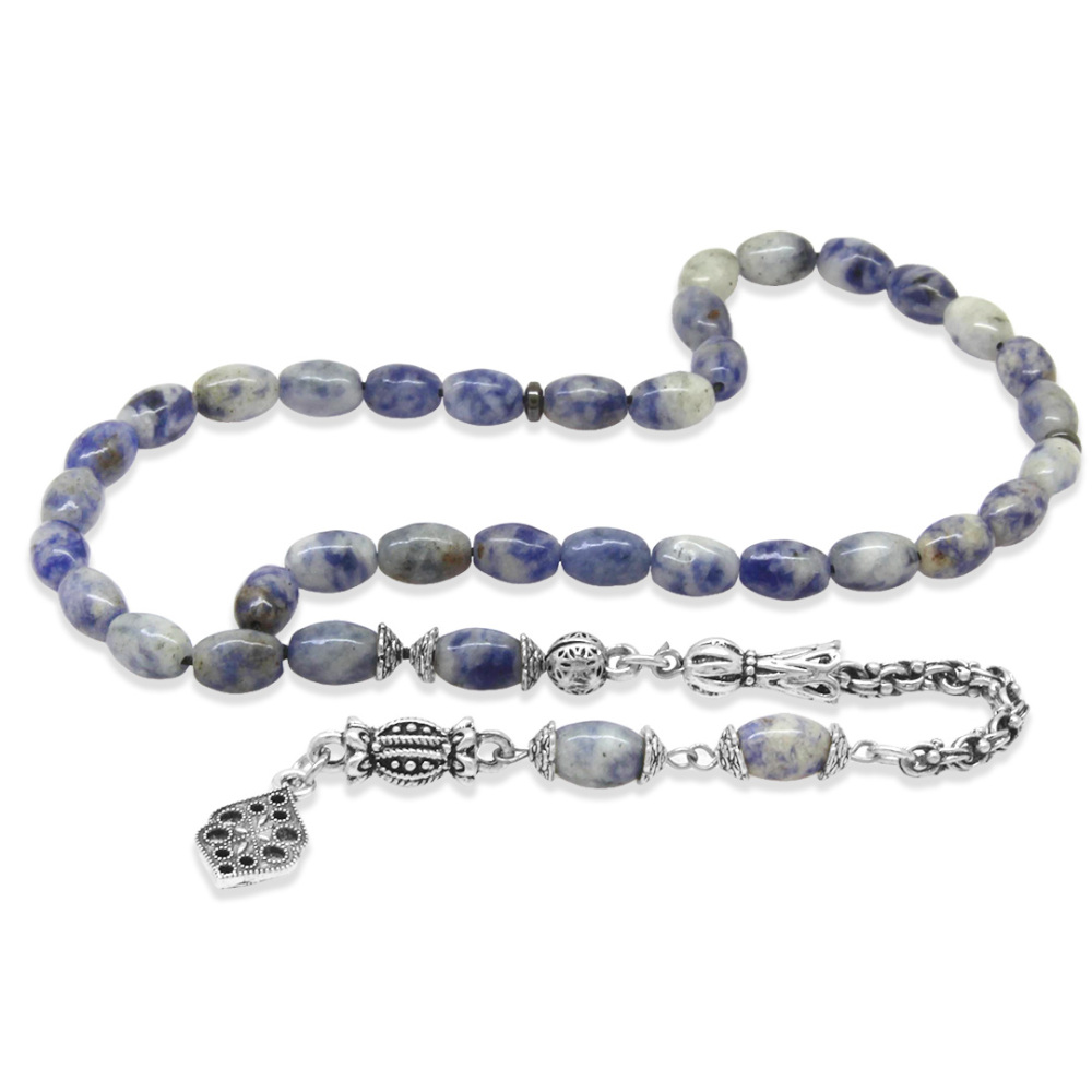 Doğaltaş Sodalit Tesbih - Kararmaz Metal Arnavut Zincir Püsküllü - Mavi Beyaz Renk - Arpa Kesim - 4