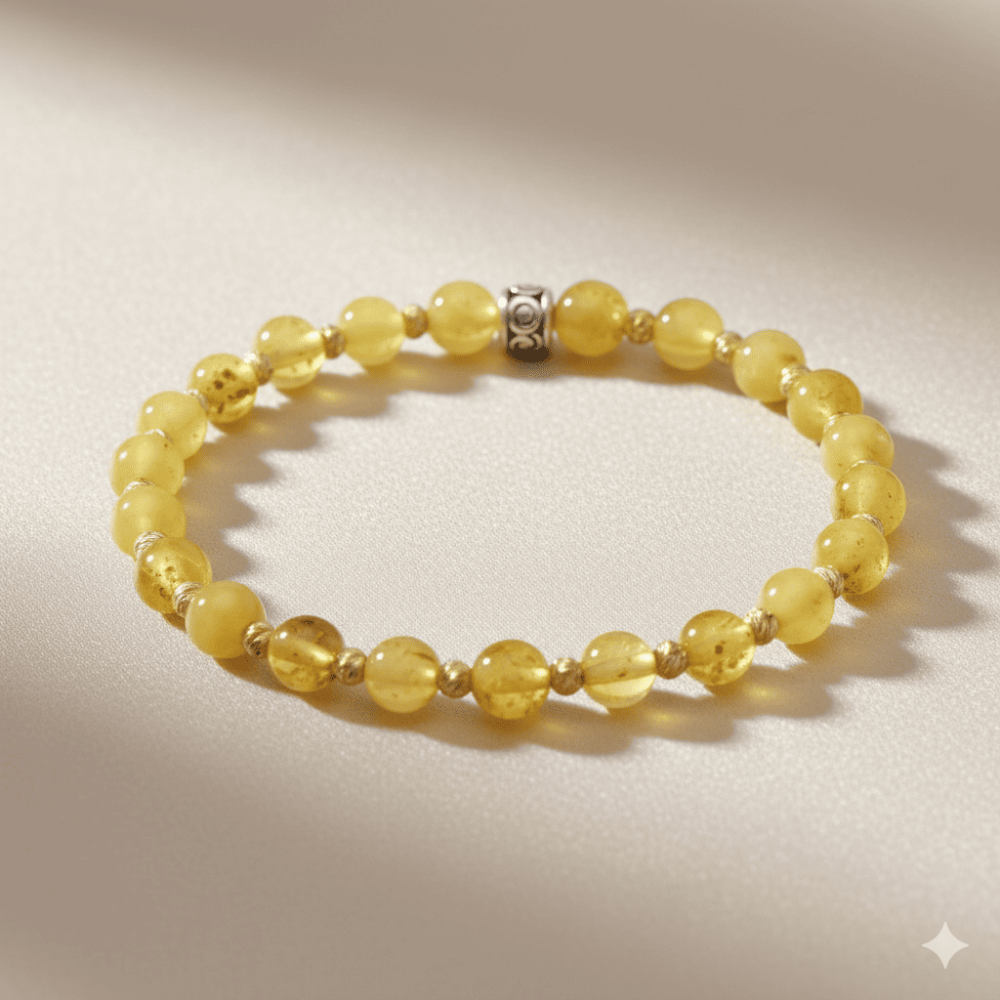 Dorika Top Süslemeli Küre Kesim Sarı Beyaz Renk Doğal Damla Kehribar Kadın Bileklik - 3