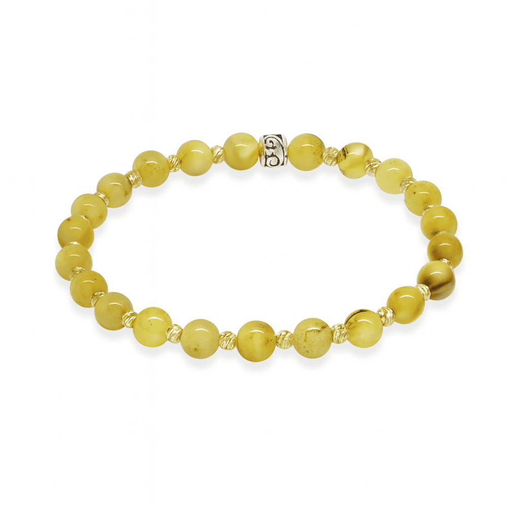 Dorika Top Süslemeli Küre Kesim Sarı Beyaz Renk Doğal Damla Kehribar Kadın Bileklik - 4