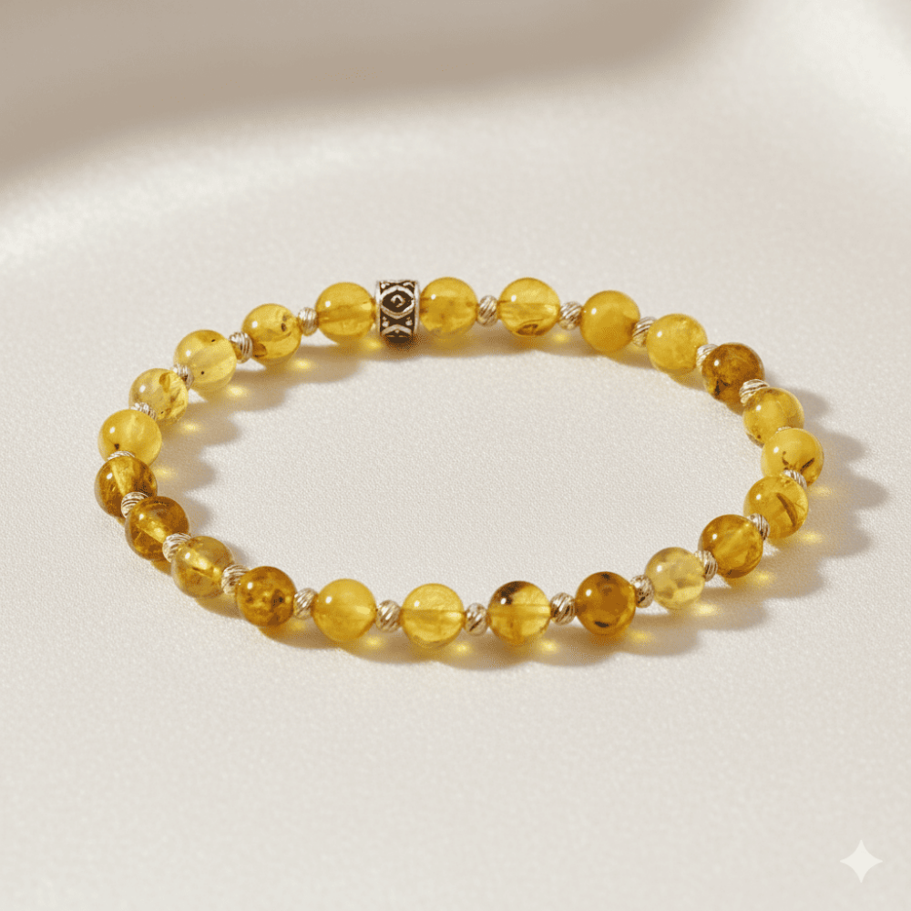 Dorika Top Süslemeli Küre Kesim Sarı Renk Fosilli Doğal Damla Kehribar Kadın Bileklik - 3