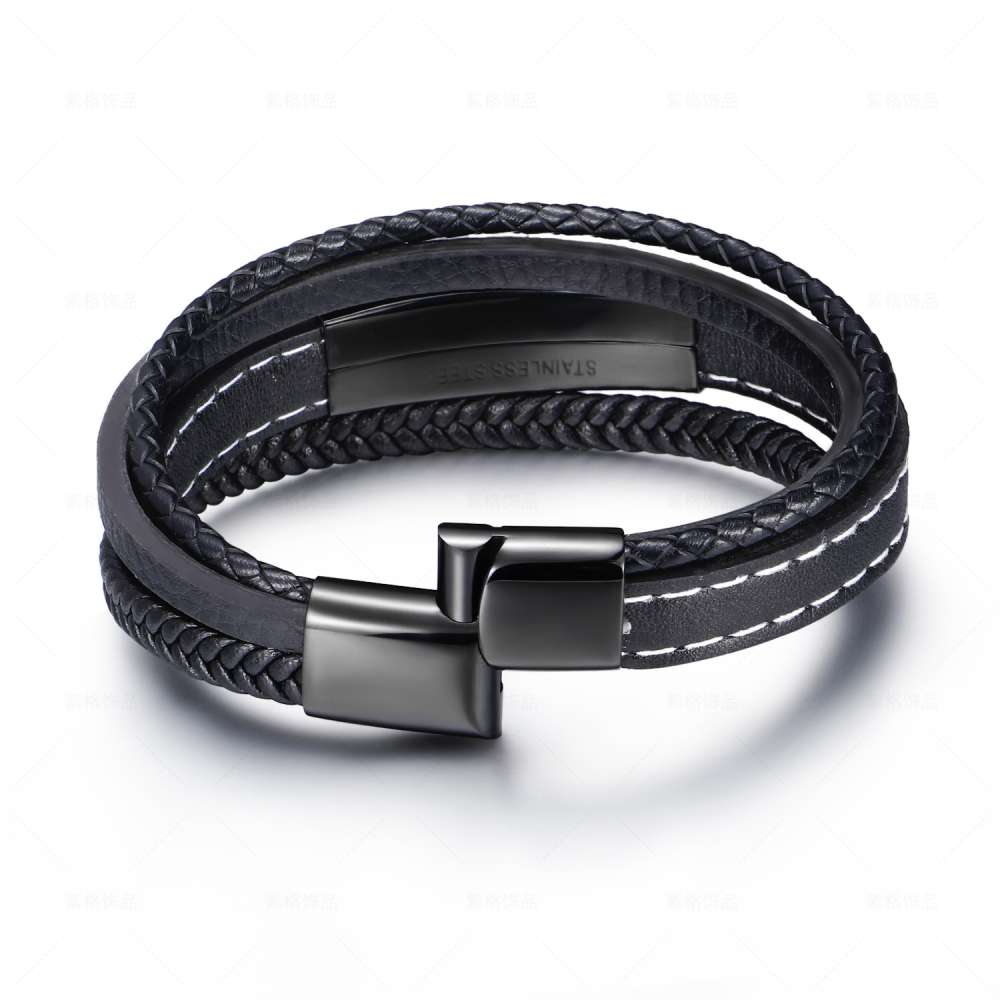 Dört Katmanlı Siyah Deri ve 316L Kalite Çelik Bileşim İsme Özel Veya Harf Yazılı Erkek Bileklik - 2