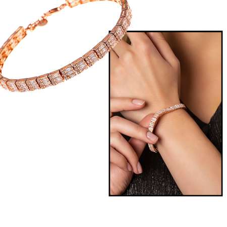 Dörtgen Tasarım Zirkon Taşlı Tam Tur 925 Ayar Gümüş Kadın Su Yolu Bileklik - Tesbihane