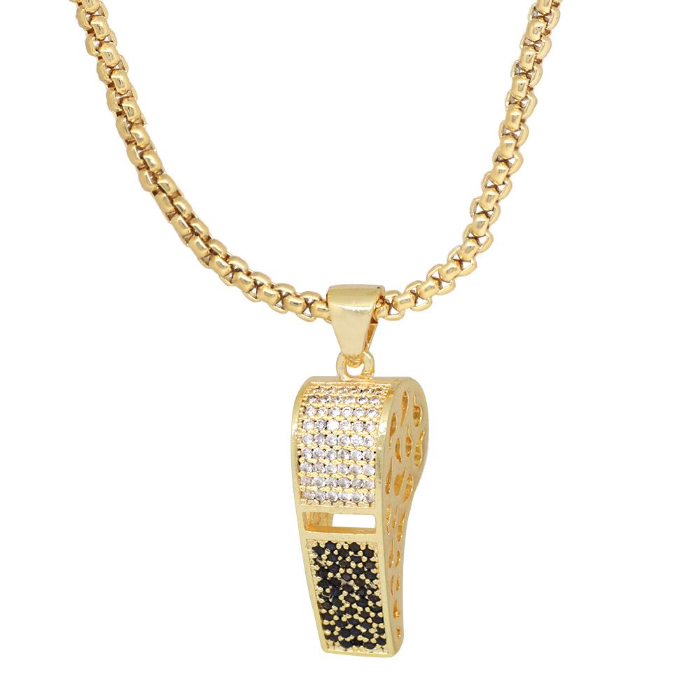 Düdük Tasarım Siyah Zirkon Taşlı Gold Renk Zincir Pirinç Kolye - 3