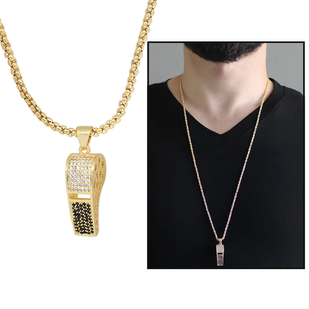 Düdük Tasarım Siyah Zirkon Taşlı Gold Renk Zincir Pirinç Kolye - 1