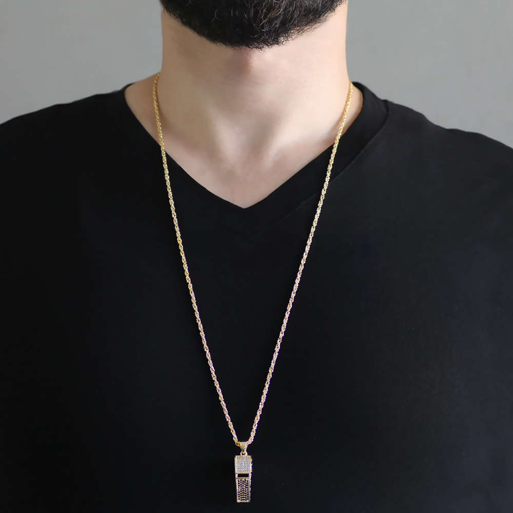Düdük Tasarım Siyah Zirkon Taşlı Gold Renk Zincir Pirinç Kolye - 2