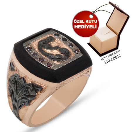 El İşçiliği Abanoz Ağacı İşleme 925 Ayar Gümüş Erkek Yüzük - M1 - Tesbihane