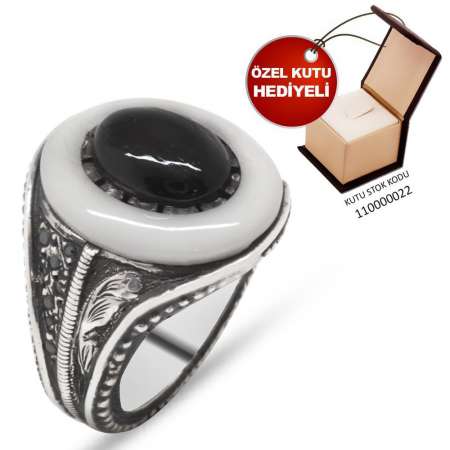 El İşçiliği Abanoz ve Narçıl Ağacı İşleme 925 Ayar Gümüş Erkek Yüzük - Tesbihane