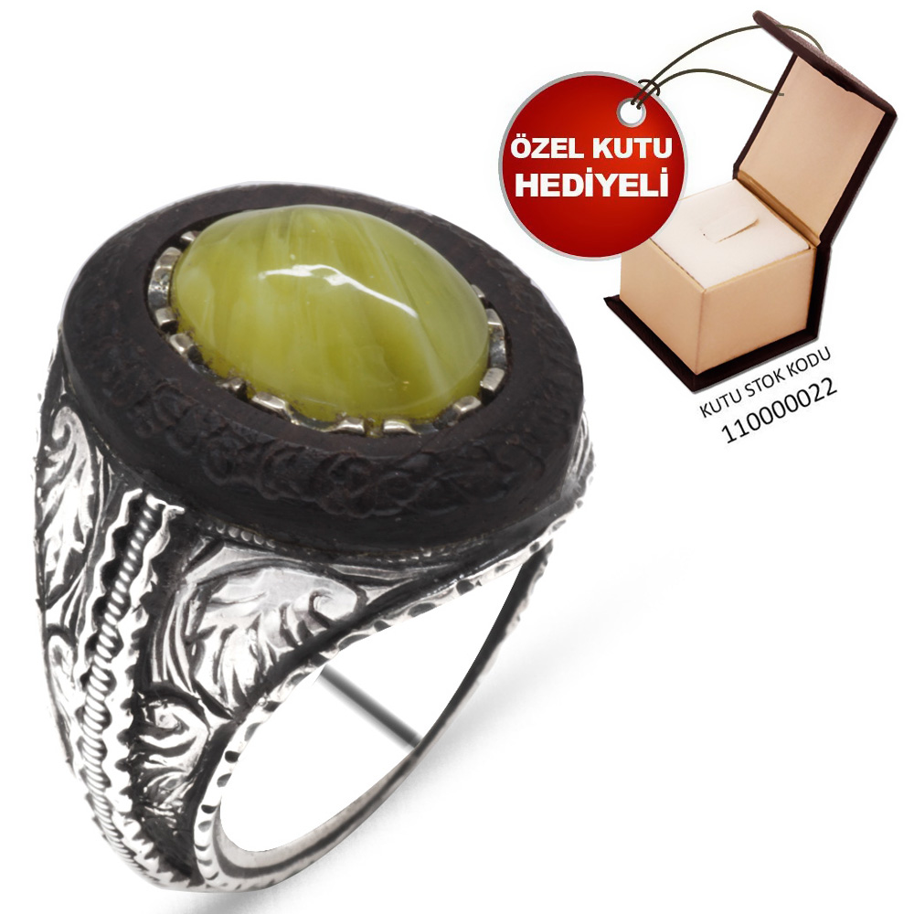 El İşçiliği Abanoz ve Sarı Sıkma Kehribar Taşlı 925 Ayar Gümüş Erkek Yüzük - M4 - 1