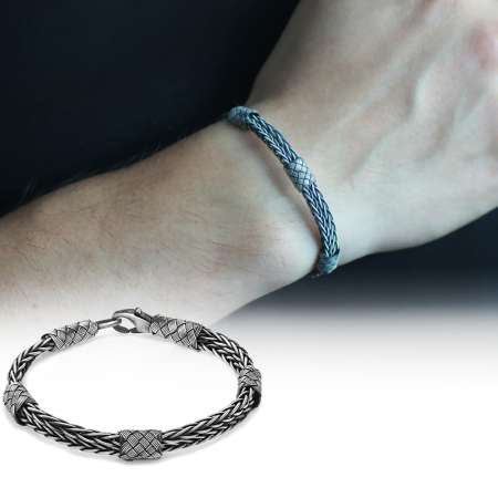 El İşçiliği Çift Sıra Foxtail Tasarım 1000 Ayar Gümüş Kazaz Erkek Bileklik - Tesbihane