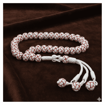 El İşçiliği Küre Kesim Bilek Boy Kırmızı Beyaz 1000 Ayar Gümüş Kazaz Tesbih - Tesbihane