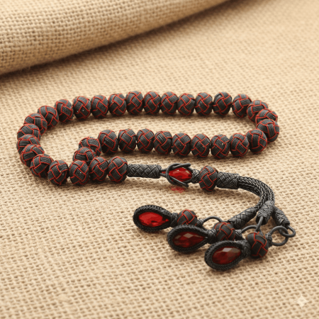 El İşçiliği Küre Kesim Büyük Boy Kırmızı Gri 1000 Ayar Gümüş Kazaz Tesbih - Tesbihane