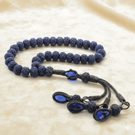 El İşçiliği Küre Kesim Büyük Boy Mavi Gri 1000 Ayar Gümüş Kazaz Tesbih - Tesbihane