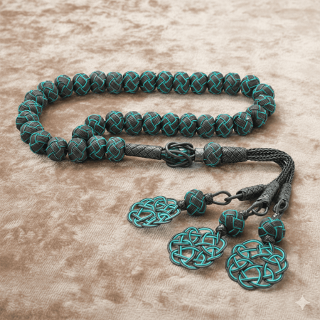 El İşçiliği Küre Kesim Gri Turkuaz Büyük Boy 1000 Ayar Gümüş Kazaz Tesbih - Tesbihane