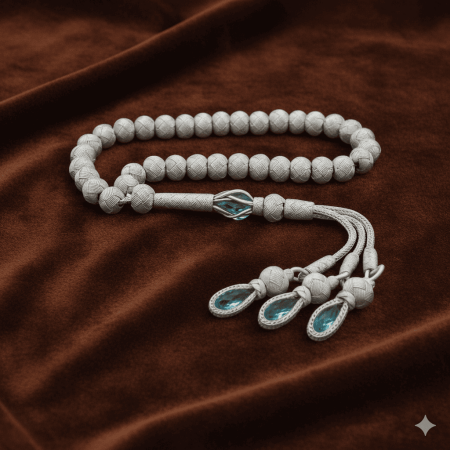 El İşçiliği Küre Kesim Beyaz Renk Büyük Boy 1000 Ayar Gümüş Kazaz Tesbih - Tesbihane