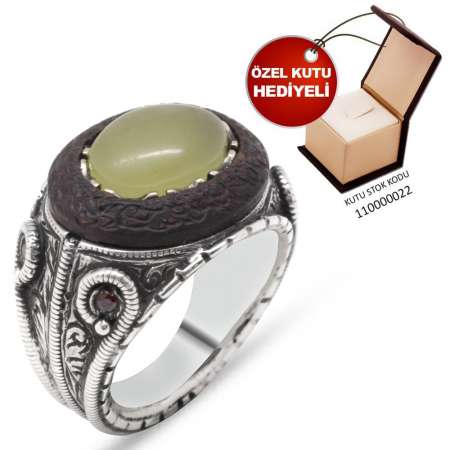 El İşçiliği Mikro İşleme Abanoz-Sarı Sıkma Kehribar Taşlı 925 Ayar Gümüş Yüzük - Tesbihane