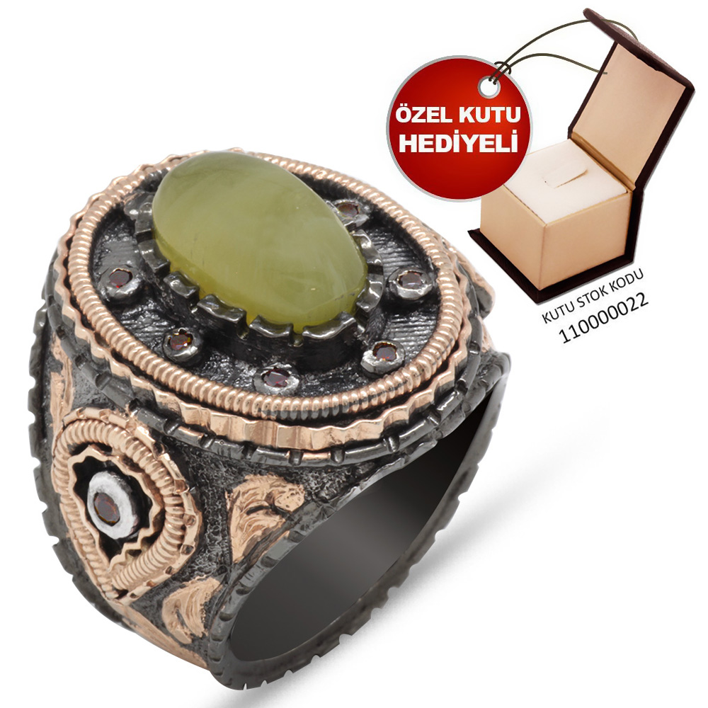 El İşçiliği Mikro ve Sarı Sıkma Kehribar Taşlı 925 Ayar Gümüş Erkek Yüzük - M1 - 1