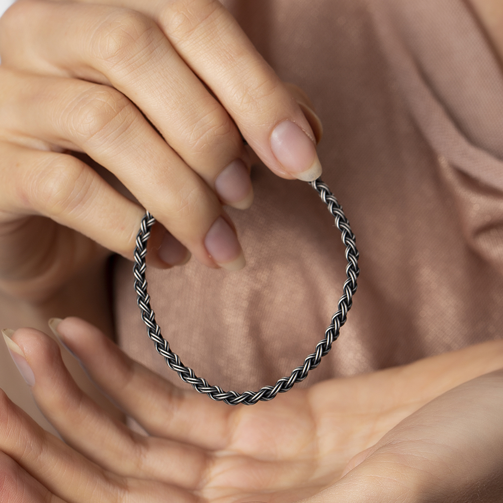 El İşçiliği 2 li Örgü Tasarım 1000 Ayar Gümüş Kazaz Kadın Bileklik - 4