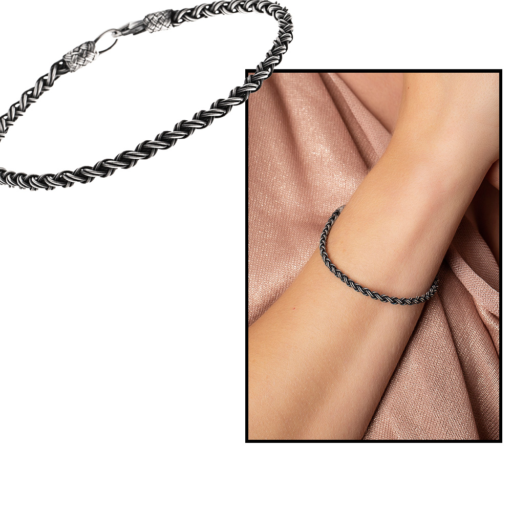 El İşçiliği 2 li Örgü Tasarım 1000 Ayar Gümüş Kazaz Kadın Bileklik - 1