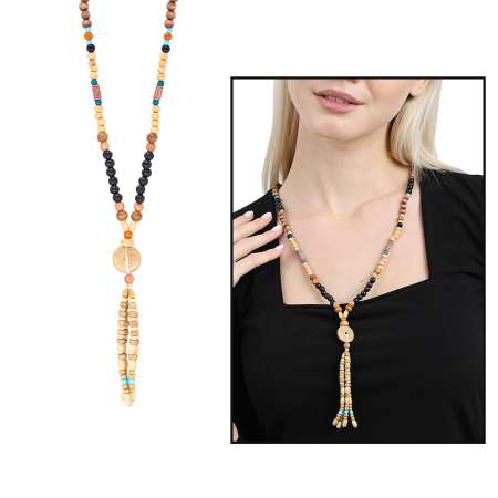 El Yapımı Etnik Ahşap Kombinli Kahve Renk Geçişli Tekerlek Detaylı Otantik Kolye - Tesbihane