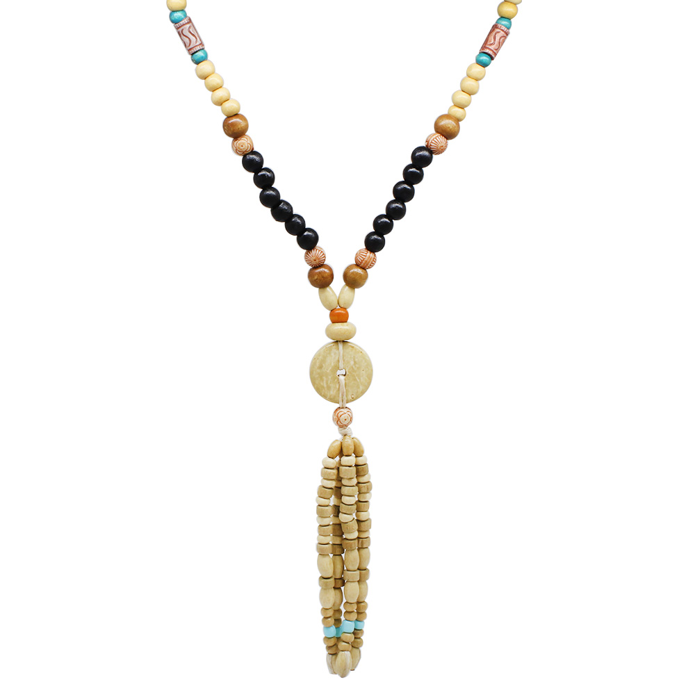 El Yapımı Etnik Ahşap Kombinli Kahve Renk Geçişli Tekerlek Detaylı Otantik Kolye - 6