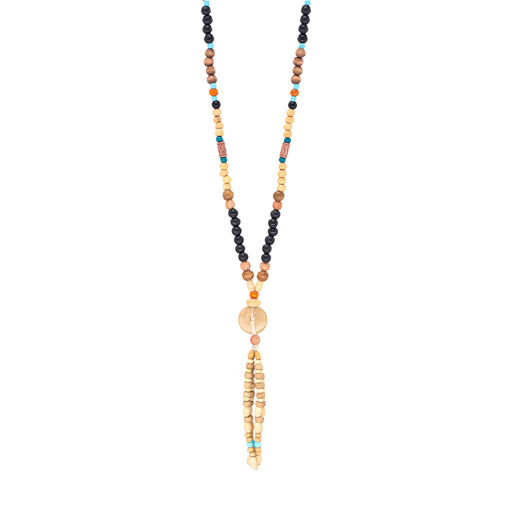 El Yapımı Etnik Ahşap Kombinli Kahve Renk Geçişli Tekerlek Detaylı Otantik Kolye - 7