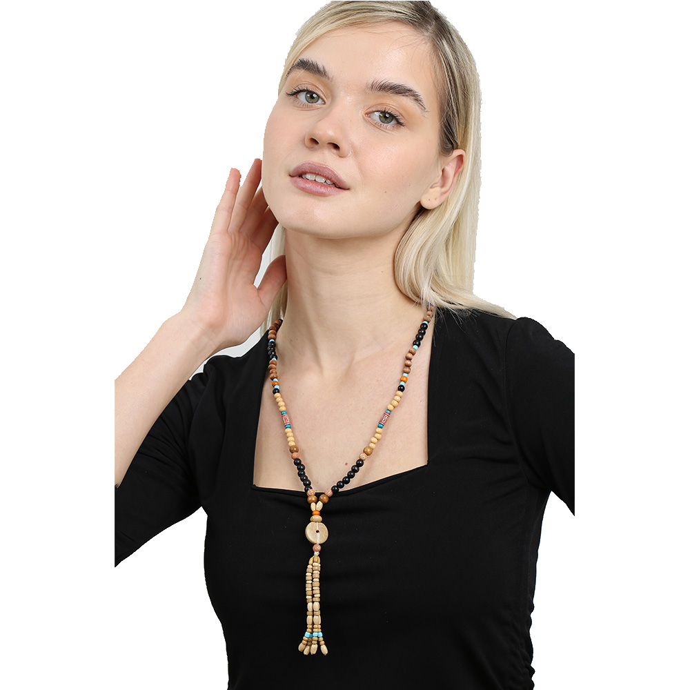 El Yapımı Etnik Ahşap Kombinli Kahve Renk Geçişli Tekerlek Detaylı Otantik Kolye - 3