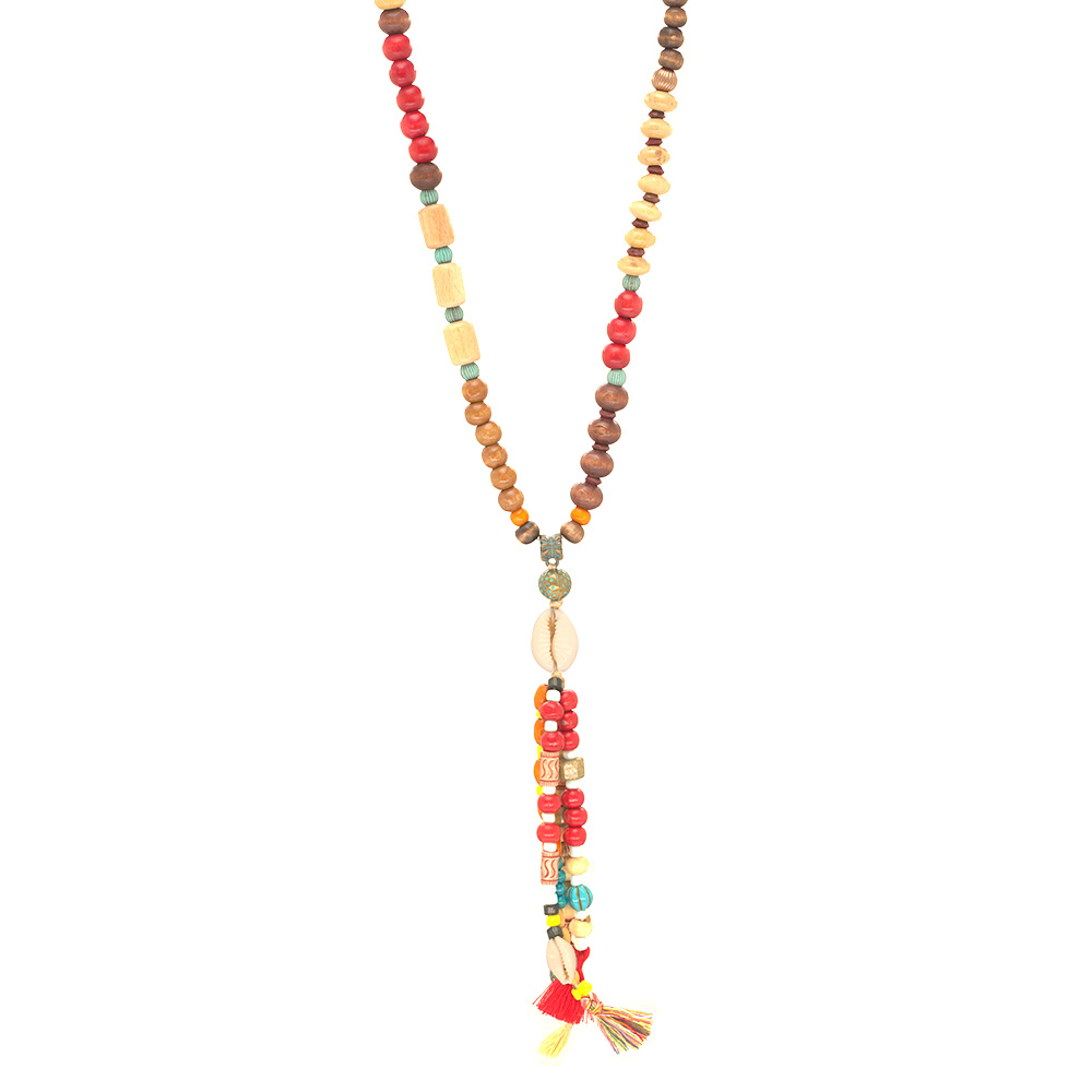 El Yapımı Etnik Ahşap Kombinli Kırmızı Renk Geçişli Deniz Kabuğu Detaylı Otantik Kolye - 2