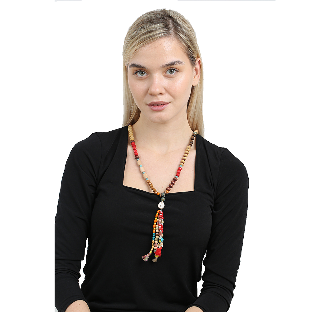 El Yapımı Etnik Ahşap Kombinli Kırmızı Renk Geçişli Deniz Kabuğu Detaylı Otantik Kolye - 3