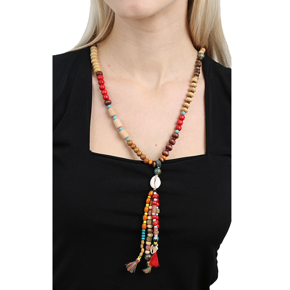 El Yapımı Etnik Ahşap Kombinli Kırmızı Renk Geçişli Deniz Kabuğu Detaylı Otantik Kolye - 4