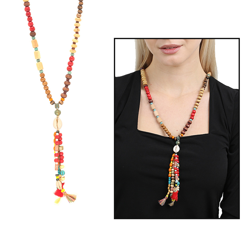 El Yapımı Etnik Ahşap Kombinli Kırmızı Renk Geçişli Deniz Kabuğu Detaylı Otantik Kolye - 1