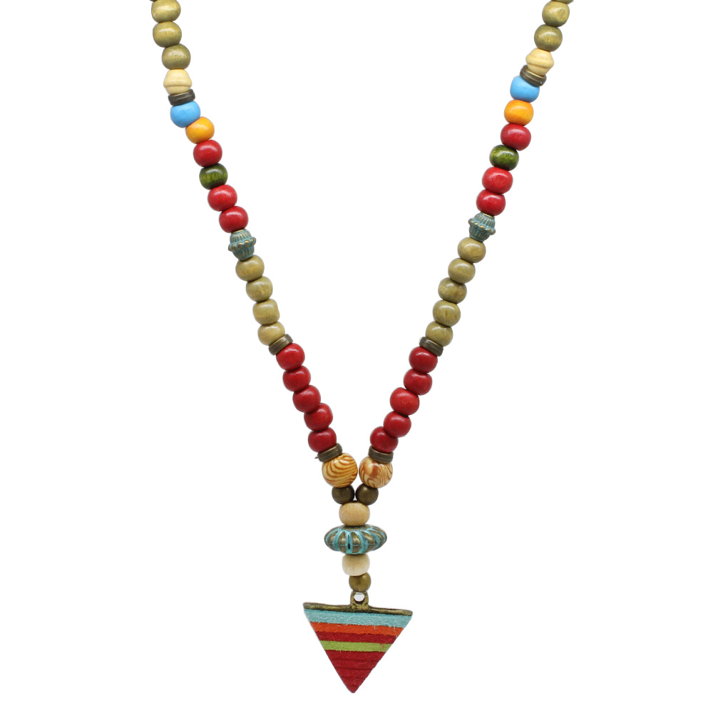 El Yapımı Etnik Ahşap Kombinli Kırmızı Renk Geçişli Mızrak Uçlu Otantik Kolye - 6