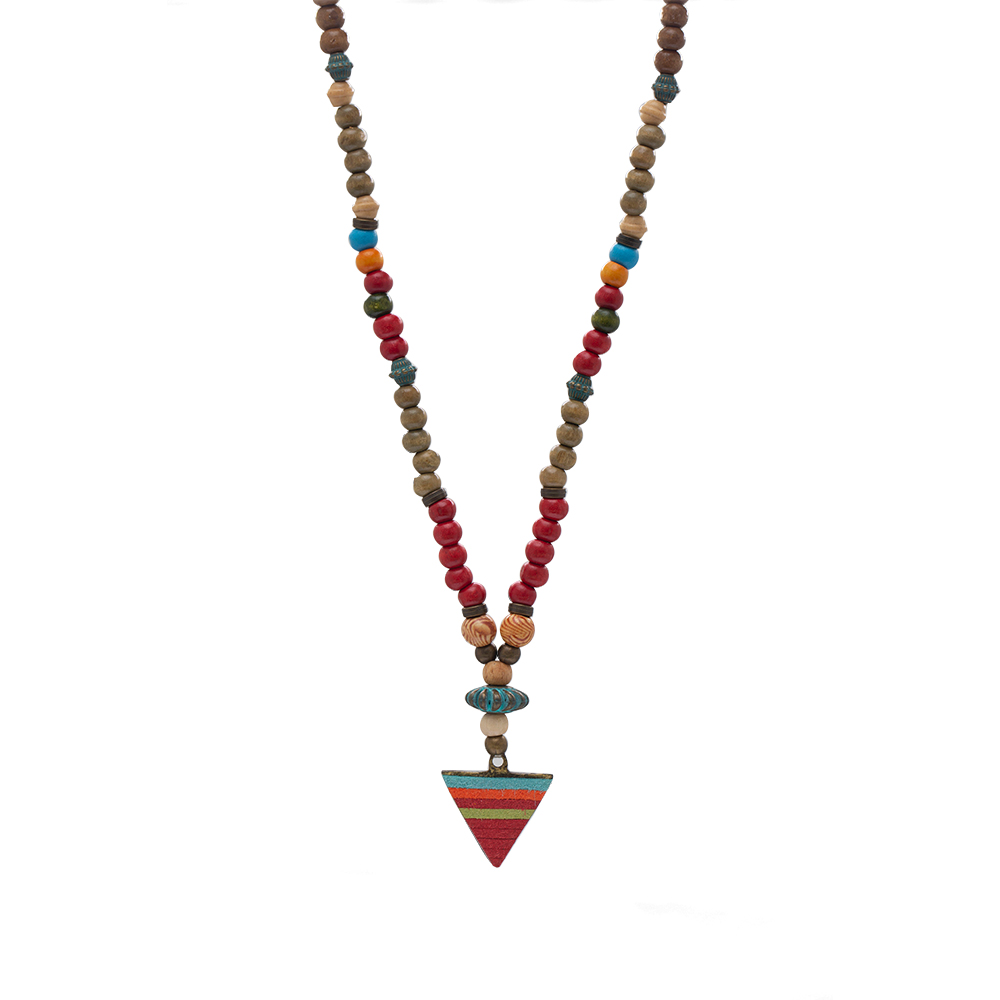 El Yapımı Etnik Ahşap Kombinli Kırmızı Renk Geçişli Mızrak Uçlu Otantik Kolye - 7