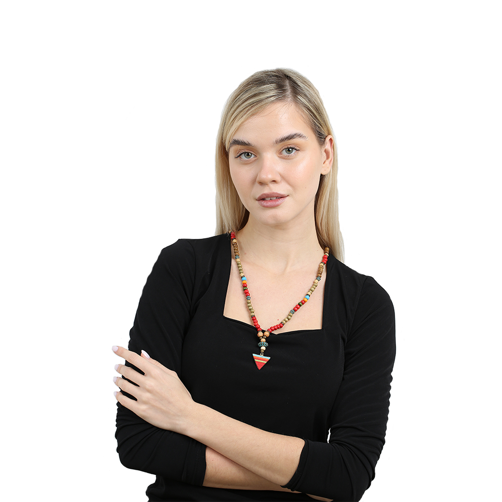 El Yapımı Etnik Ahşap Kombinli Kırmızı Renk Geçişli Mızrak Uçlu Otantik Kolye - 4