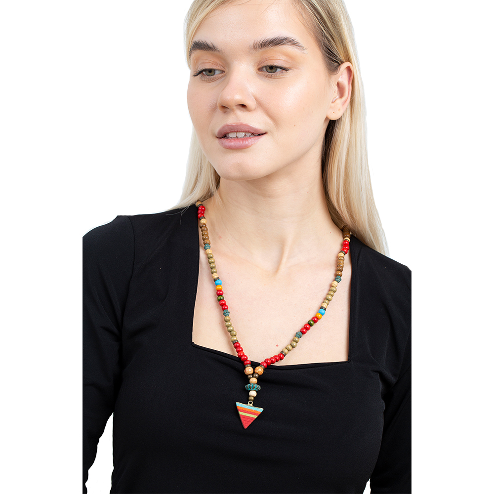 El Yapımı Etnik Ahşap Kombinli Kırmızı Renk Geçişli Mızrak Uçlu Otantik Kolye - 3