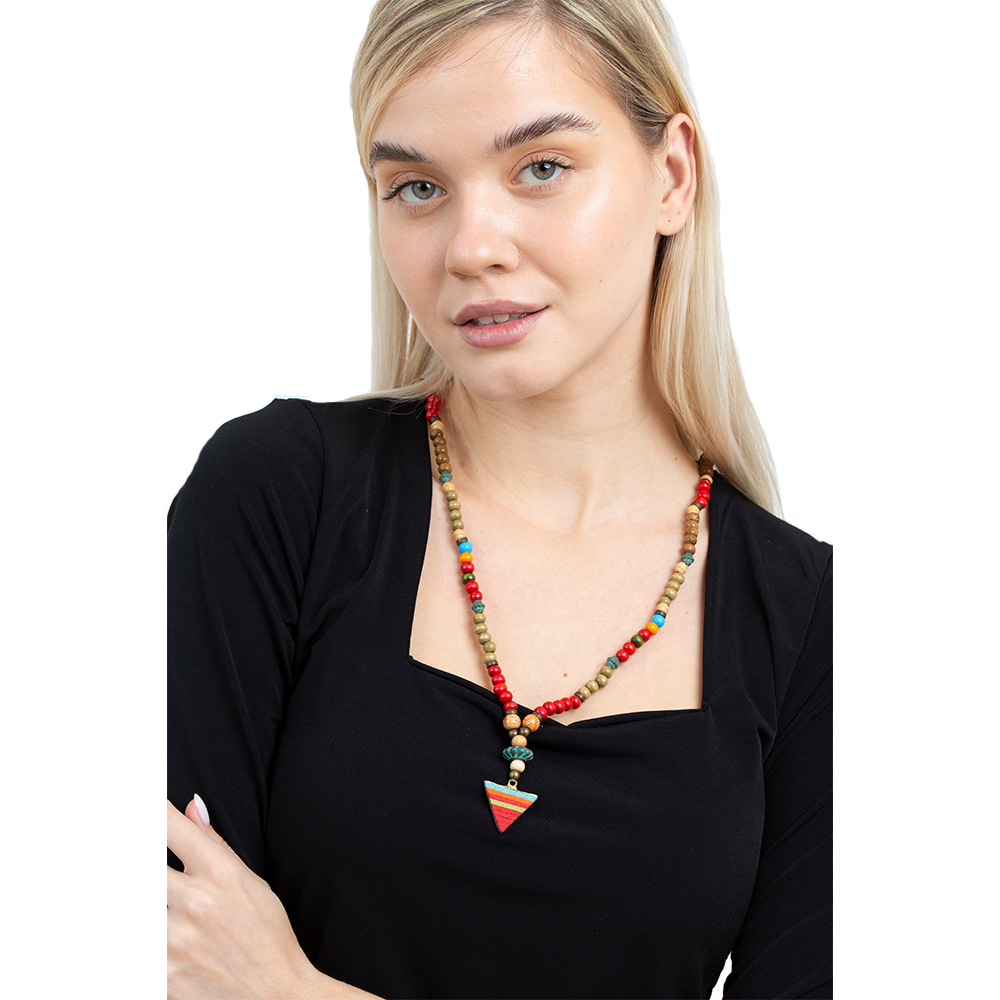 El Yapımı Etnik Ahşap Kombinli Kırmızı Renk Geçişli Mızrak Uçlu Otantik Kolye - 2